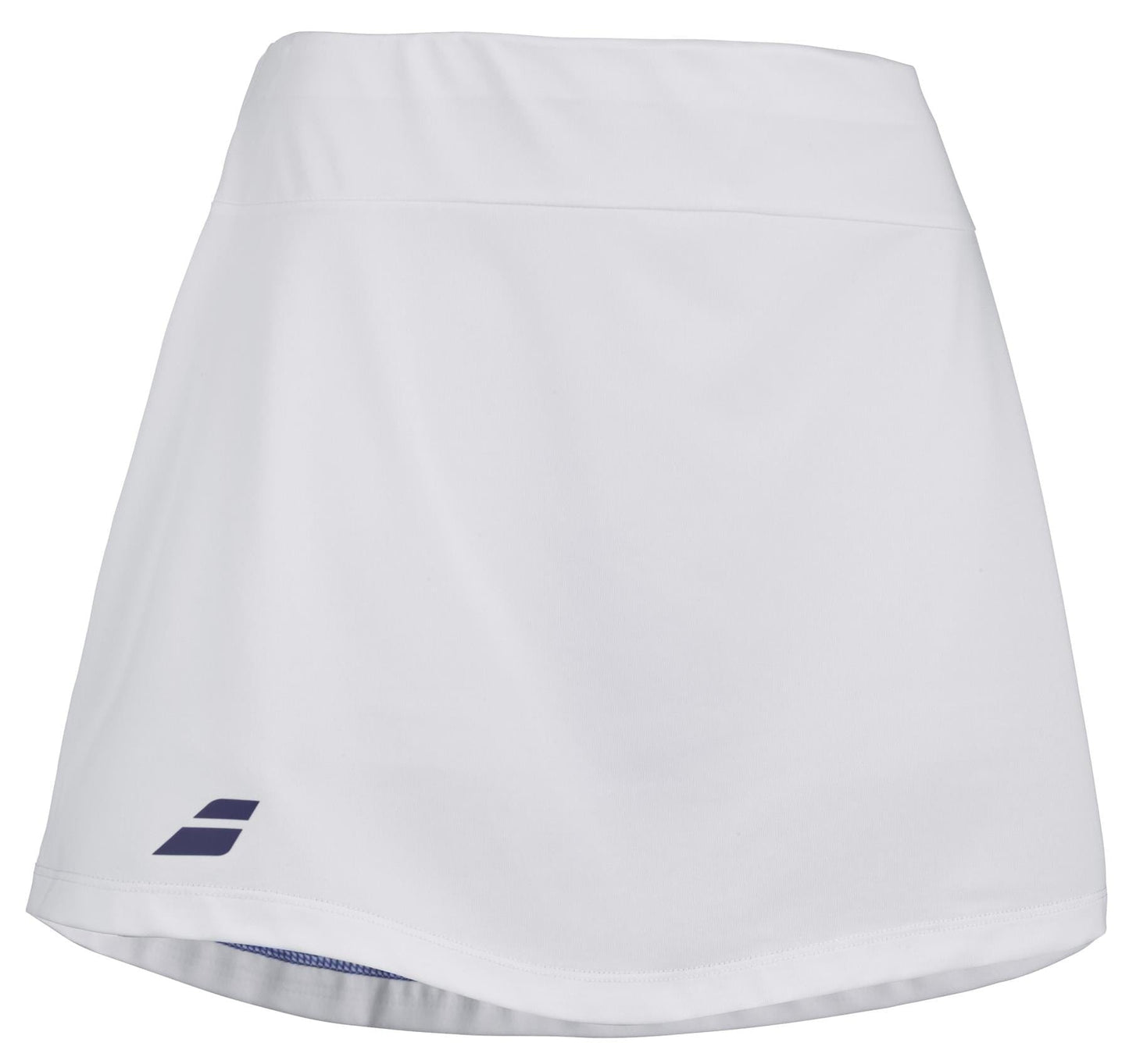 The Babolat Play Women's Tennis Skirt - White by Babolat is an athletic skirt showcasing a navy blue logo near the hem on the left side. It is designed for performance with Fiber Dry technology and 360 Motion construction, featuring a simple, sporty design and a wide waistband.