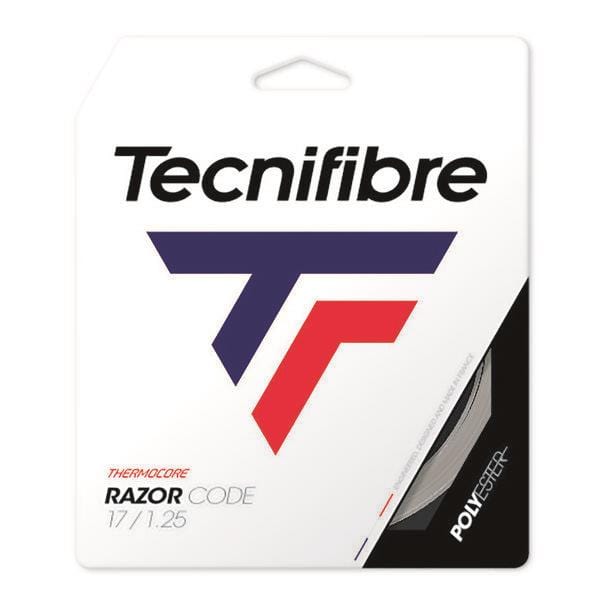 The Tecnifibre Razor Code ATP Tennis String Set - Carbon packaging prominently features a stylized "T" logo in blue and red, highlighting the 17/1.25 gauge and detailing the Thermocore technology to emphasize its high-quality polyester strings for enhanced performance.