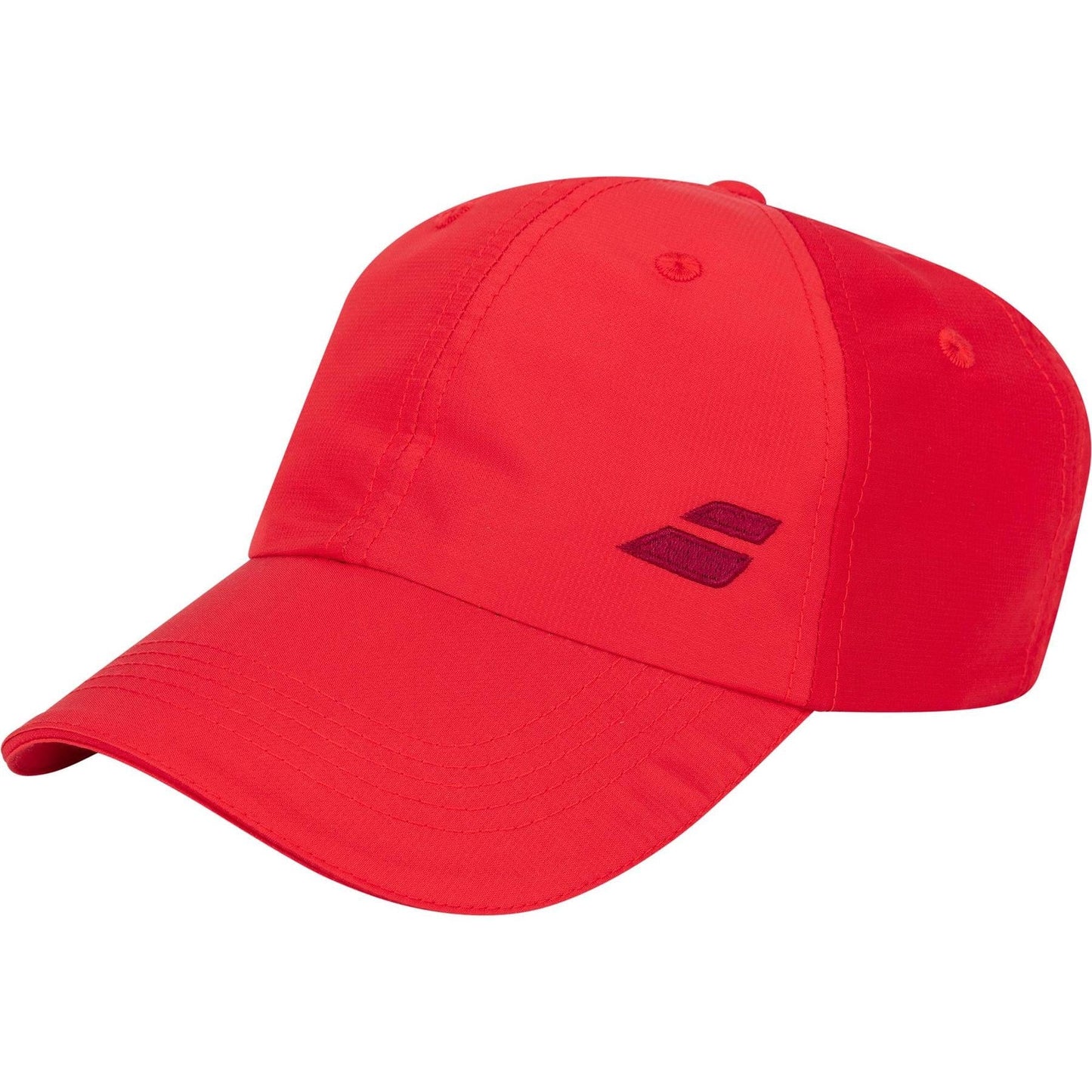 The Babolat Basic Logo Cap in Tomato Red is a six-panel polyester baseball cap, featuring two dark red embroidered stripes on the front panel. It has a slightly curved brim and visible stitching, offering excellent sweat absorption for ultimate comfort.