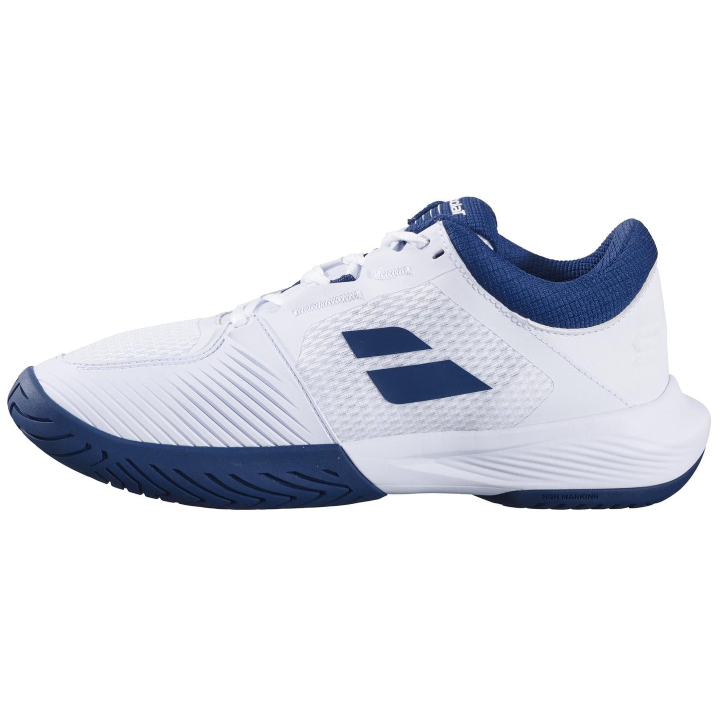 The Babolat SFX 4 All Court 2025 Men's Tennis Shoes in White/Estate Blue boast a textured sole, geometric side logo, lace-up design, and breathable mesh-like upper for all-day comfort.