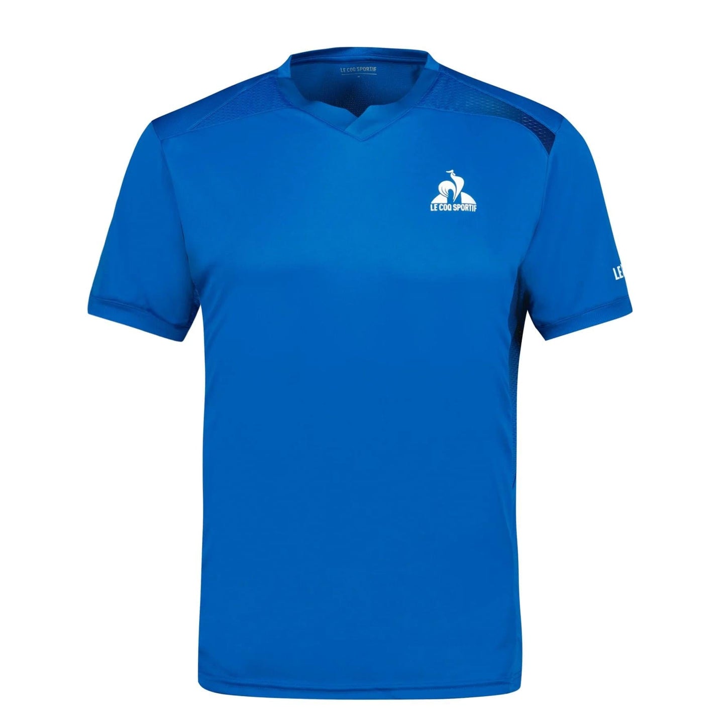 The Le Coq Sportif Pro Men's Tennis T-Shirt in Lapis Blue is a breathable option with a v-neck and short sleeves. It showcases the iconic white logo of a stylized rooster on the left chest and "Le Coq Sportif" printed on the right sleeve, along with subtle stitching details across the shoulders.