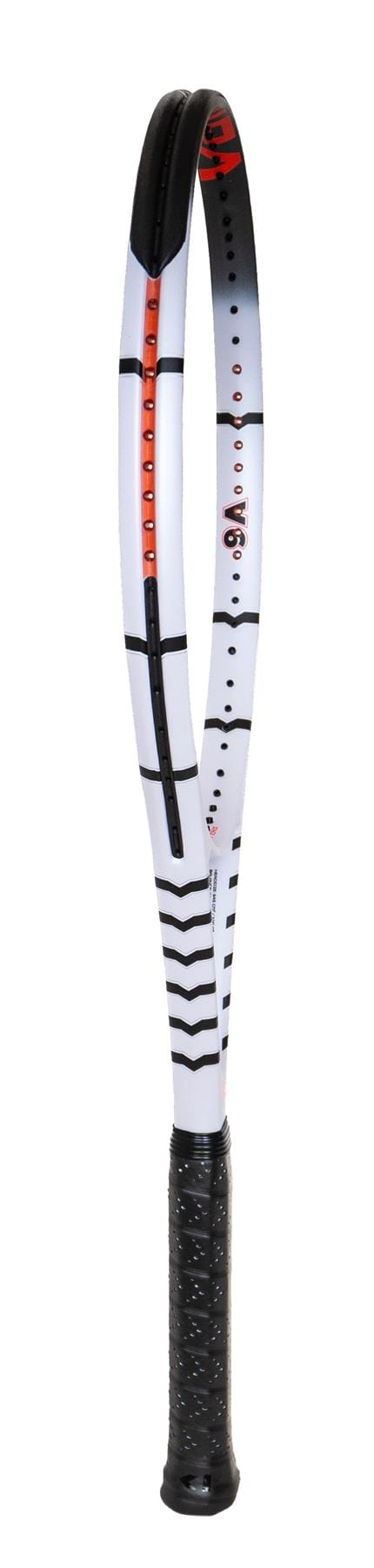 A close-up of the Volkl Vostra V6 Tennis Racket - White highlights its sleek design, offering an impressive catapult effect with every swing.