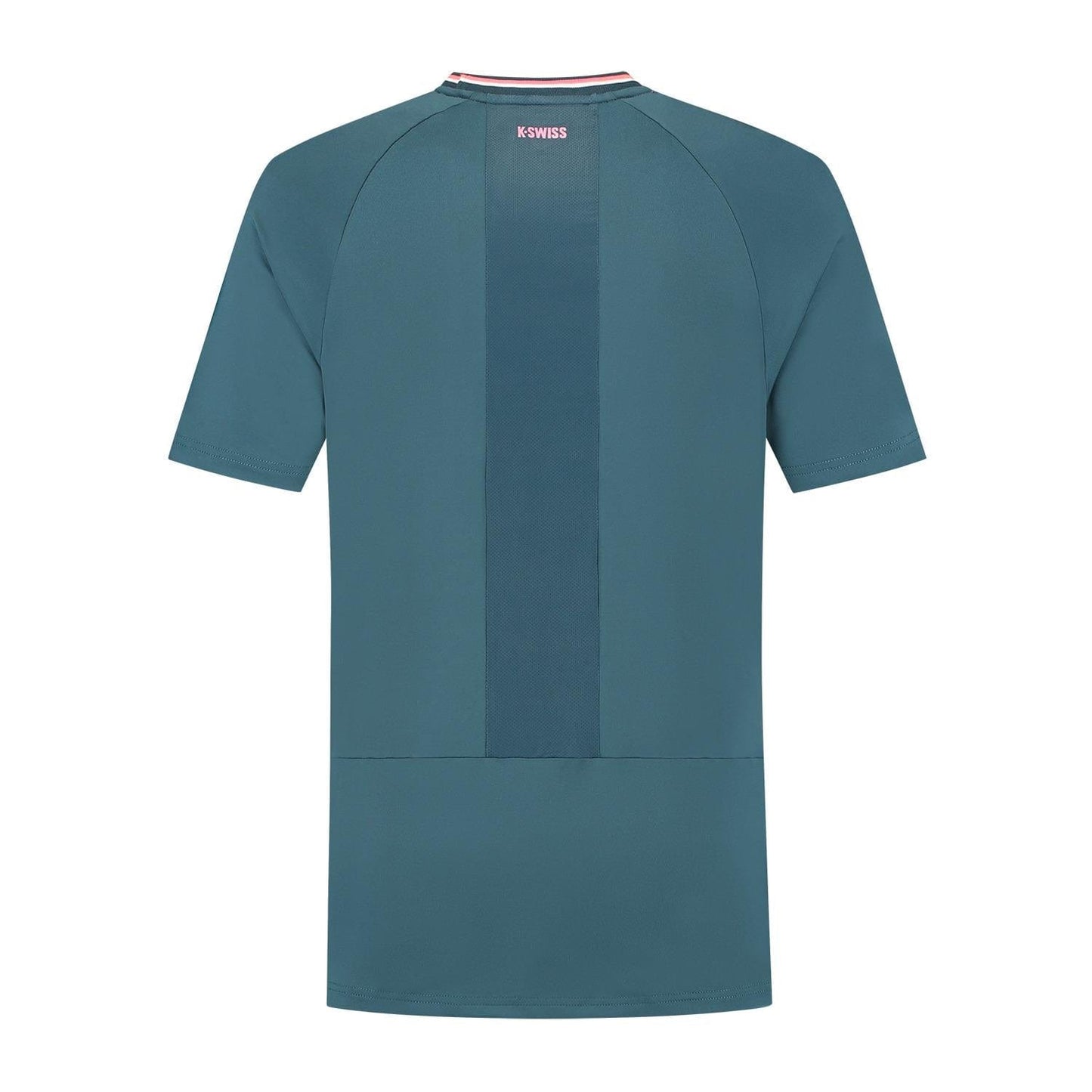 Back view of a Stargazer K-Swiss Hypercourt Mesh Crew 4 Men's Tennis T-Shirt, featuring a center stripe, short sleeves, crew neck, and a small red and white logo near the collar.