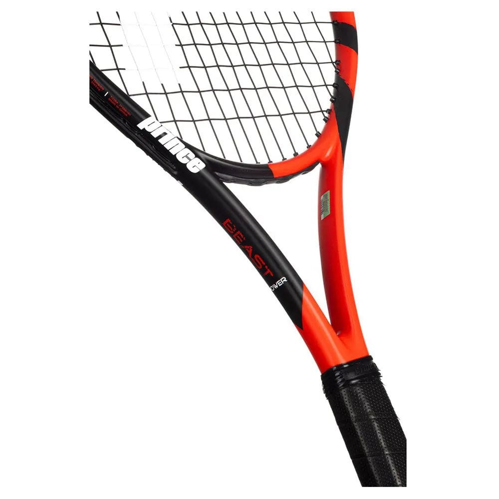 A close-up of the Prince Beast Power 300g Tennis Racket in red and black, showcasing its graphite frame, strings, and grip. The "Prince" brand name and model are visible on the sleek design.