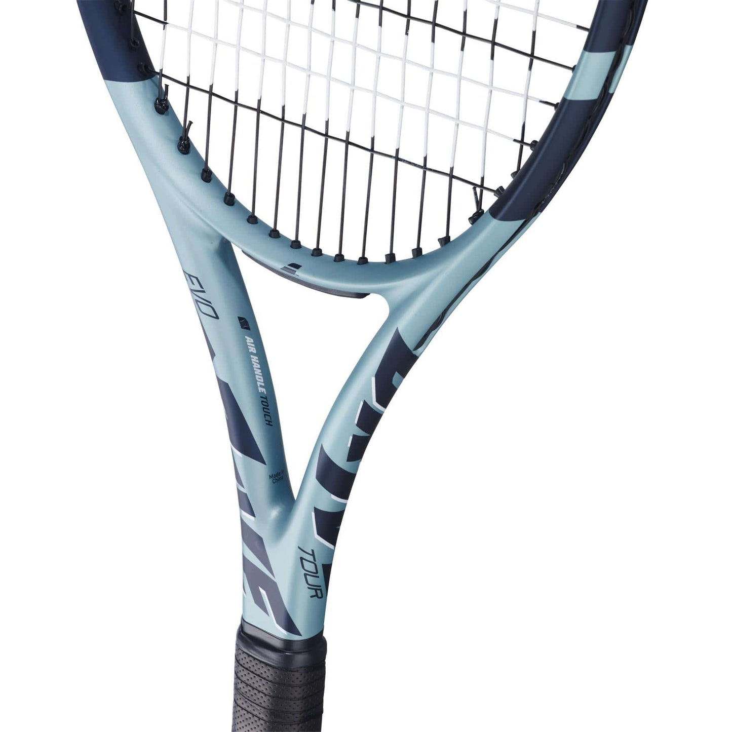 Detailed view of the Babolat EVO Drive Tour Gen 2 Tennis Racket in blue with a black mesh head and grip. The words "TOUR" and "Babolat" embellish the frame, while intricate design details accentuate its sleekness. Air Handle Touch tech delivers exceptional comfort.