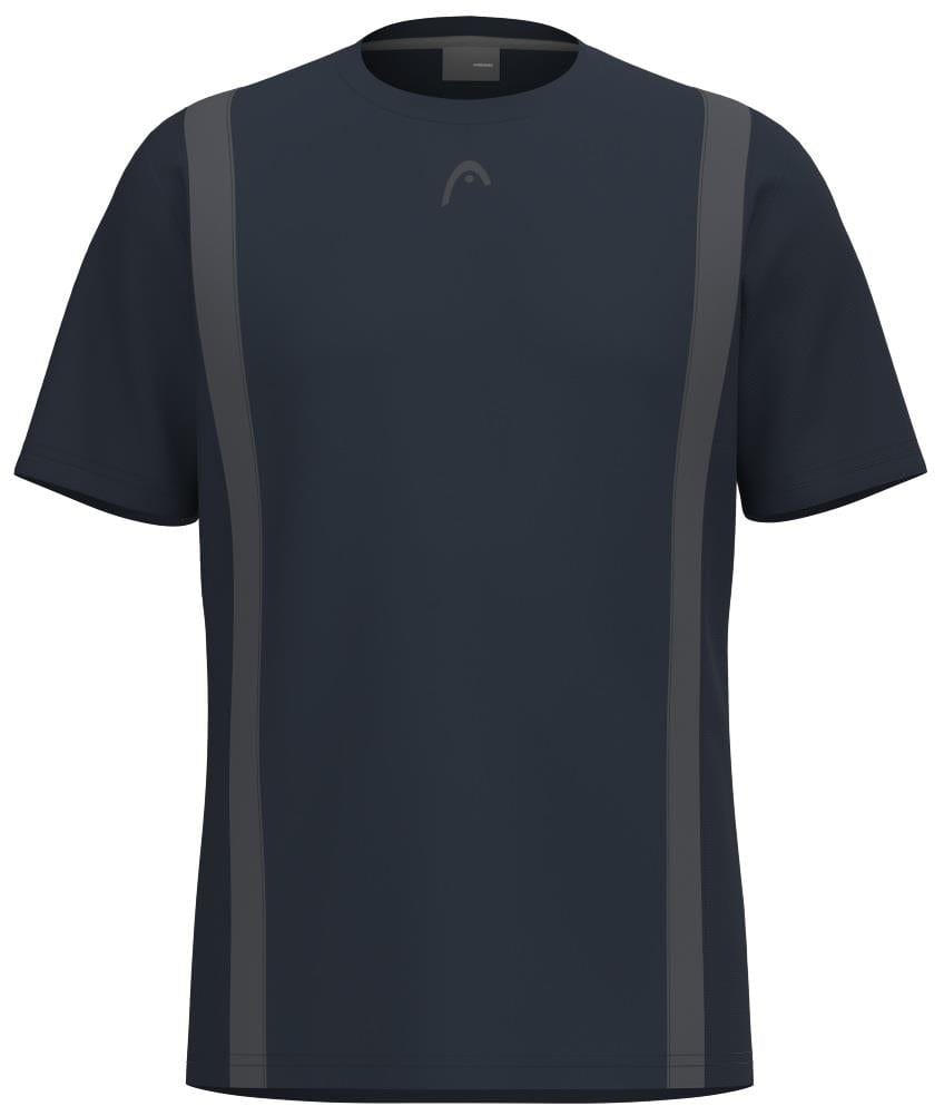 Introducing the HEAD Club Tech 25 Men's Tennis T-Shirt: A sleek navy tee with two lighter gray stripes from shoulders to hem, featuring a subtle chest logo. Designed with moisture-transfer microfiber technology, it offers optimal performance and style.