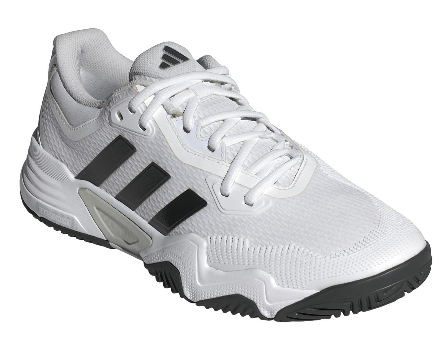 The ADIDAS Solematch Control 2 Men's Tennis Shoes by adidas feature a white and gray design with three dark stripes, white laces, and a textured sole for grip. Equipped with ADIDAS BOOST cushioning, they offer outstanding comfort for sports and casual wear.
