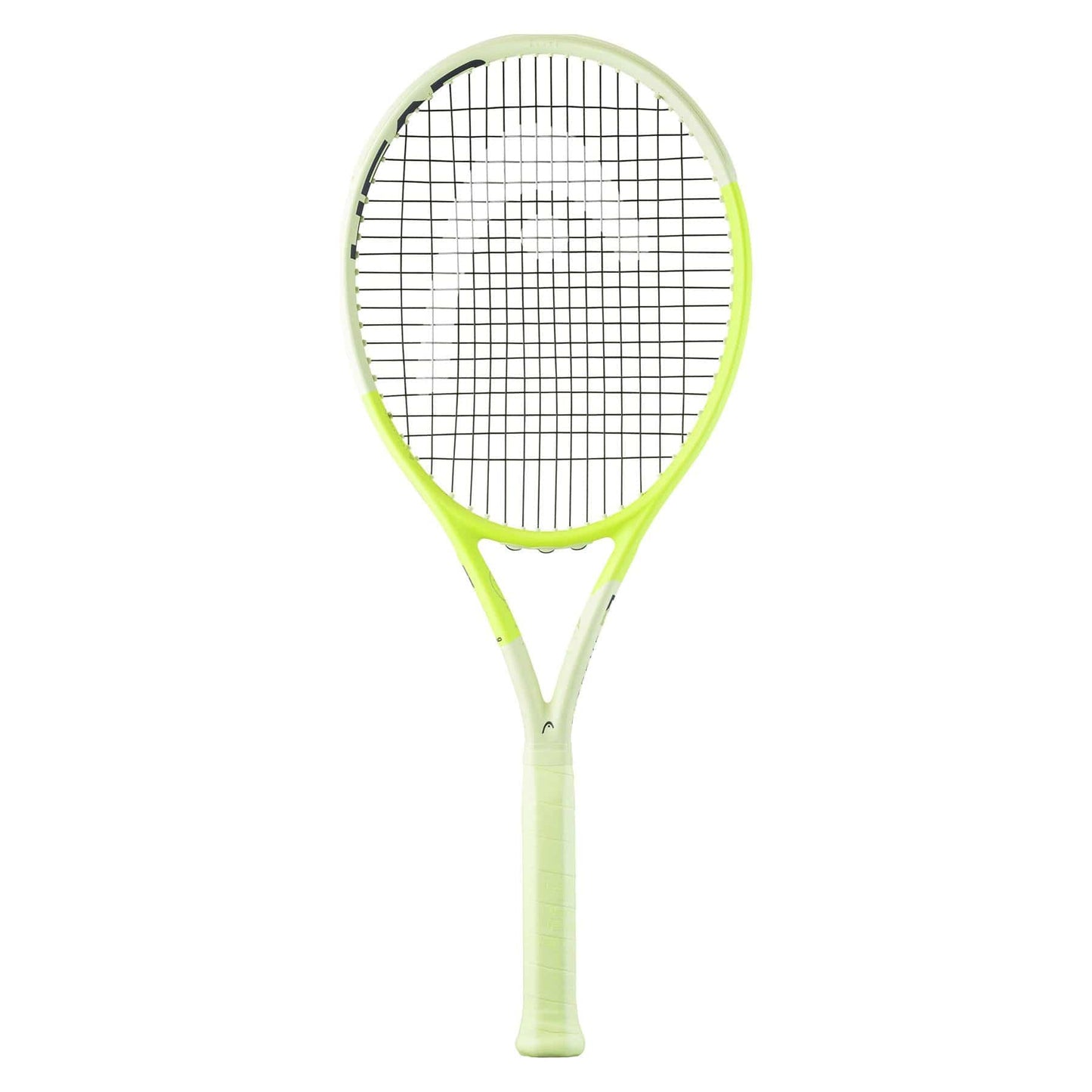 The HEAD Extreme Elite 2024 Tennis Racket - Green, by HEAD, showcases a primarily white frame accented with neon yellow and includes a light green grip. Equipped with Auxetic 2.0 technology, this racket is designed for extreme spin and features a sleek, modern design with tightly strung strings for optimal performance.