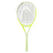 The HEAD Extreme Elite 2024 Tennis Racket - Green, by HEAD, showcases a primarily white frame accented with neon yellow and includes a light green grip. Equipped with Auxetic 2.0 technology, this racket is designed for extreme spin and features a sleek, modern design with tightly strung strings for optimal performance.