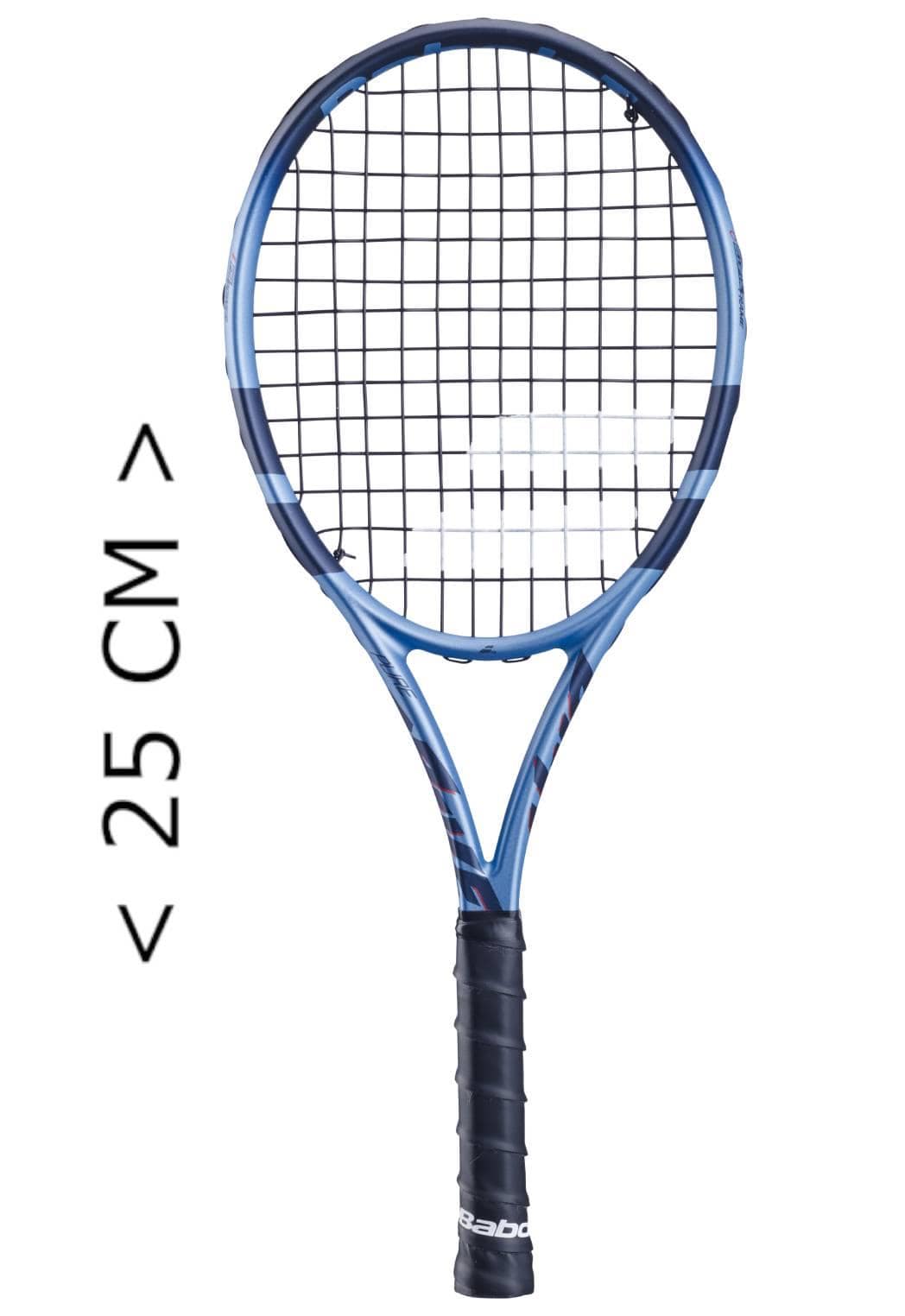 The stylish Babolat Mini Pure Drive 25 Tennis Racket showcases a blue and black design with a grid-like string pattern. Its handle, wrapped in a black grip, enhances its precise 25 cm length, making it perfect for tennis enthusiasts.