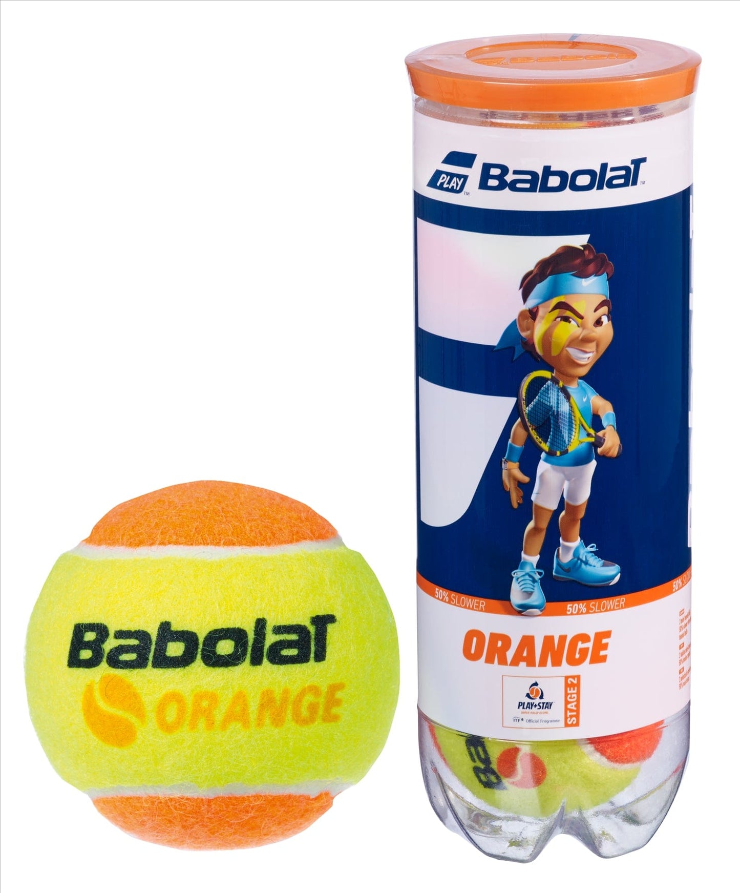 A Babolat Initiation Stage 2 Tennis Ball, identified by its unique orange stripe, sits beside a transparent package labeled "Babolat Initiation Stage 2 Tennis Balls - Orange (3 Ball Tube)," which features a cartoon character with a racket. Specifically designed for training children aged 8-9, this product provides an excellent combination of enjoyment and educational development.