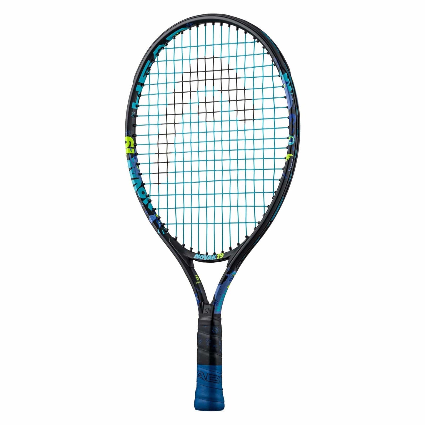 The HEAD Novak 19 Junior Tennis Racket boasts a black and blue design, featuring a string pattern that resembles a large "H" in the center, echoing the style favored by Novak Djokovic. The racket's handle includes a blue grip with yellow accents on the frame and incorporates a Damp+ insert for minimizing vibrations.