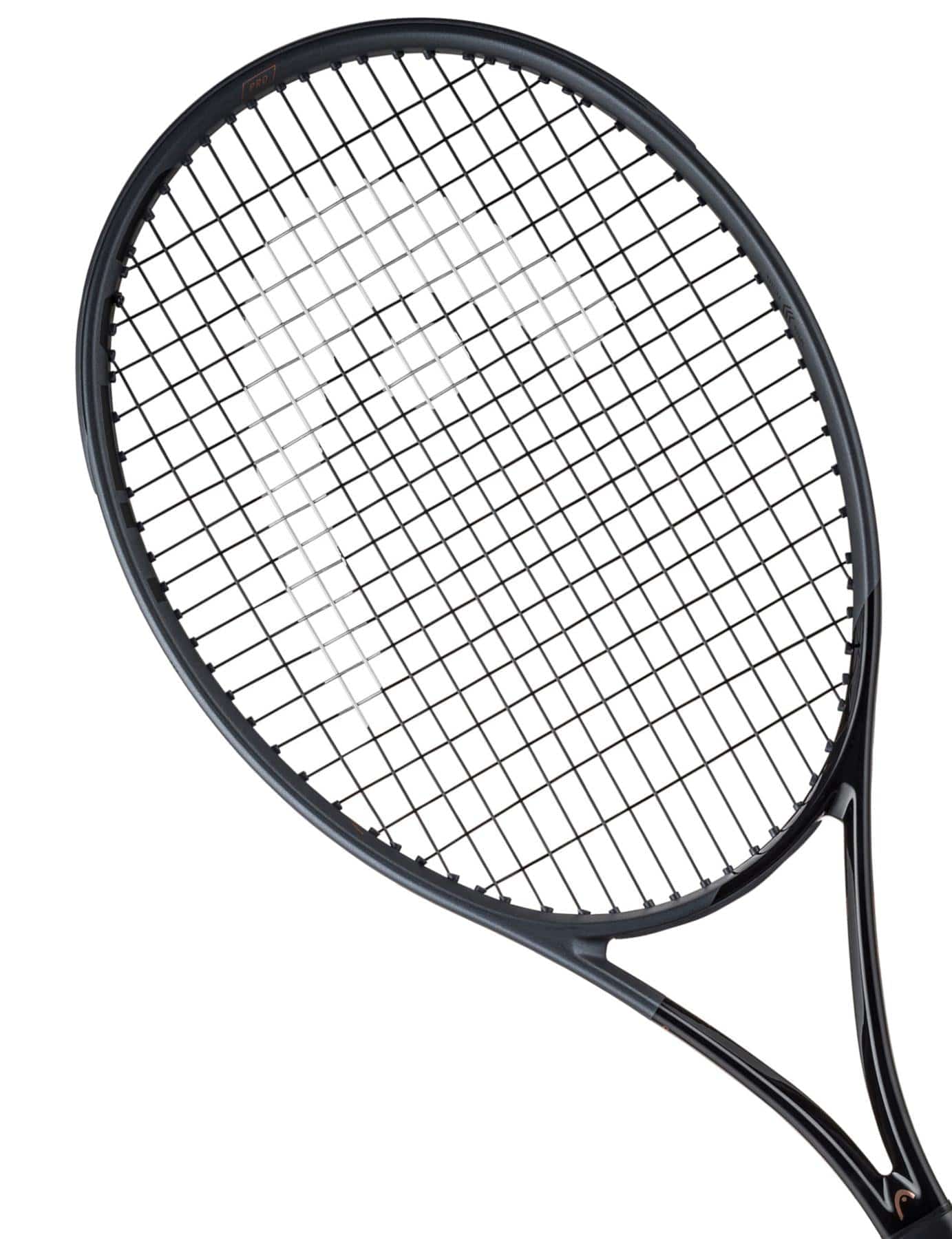 Close-up image of the HEAD Speed Pro LTD 2023 Tennis Racket - Black (Frame Only) highlighting its Auxetic construction. With tightly strung strings and a partially visible handle, this tennis racket displays its Graphene Inside technology against a plain white background.