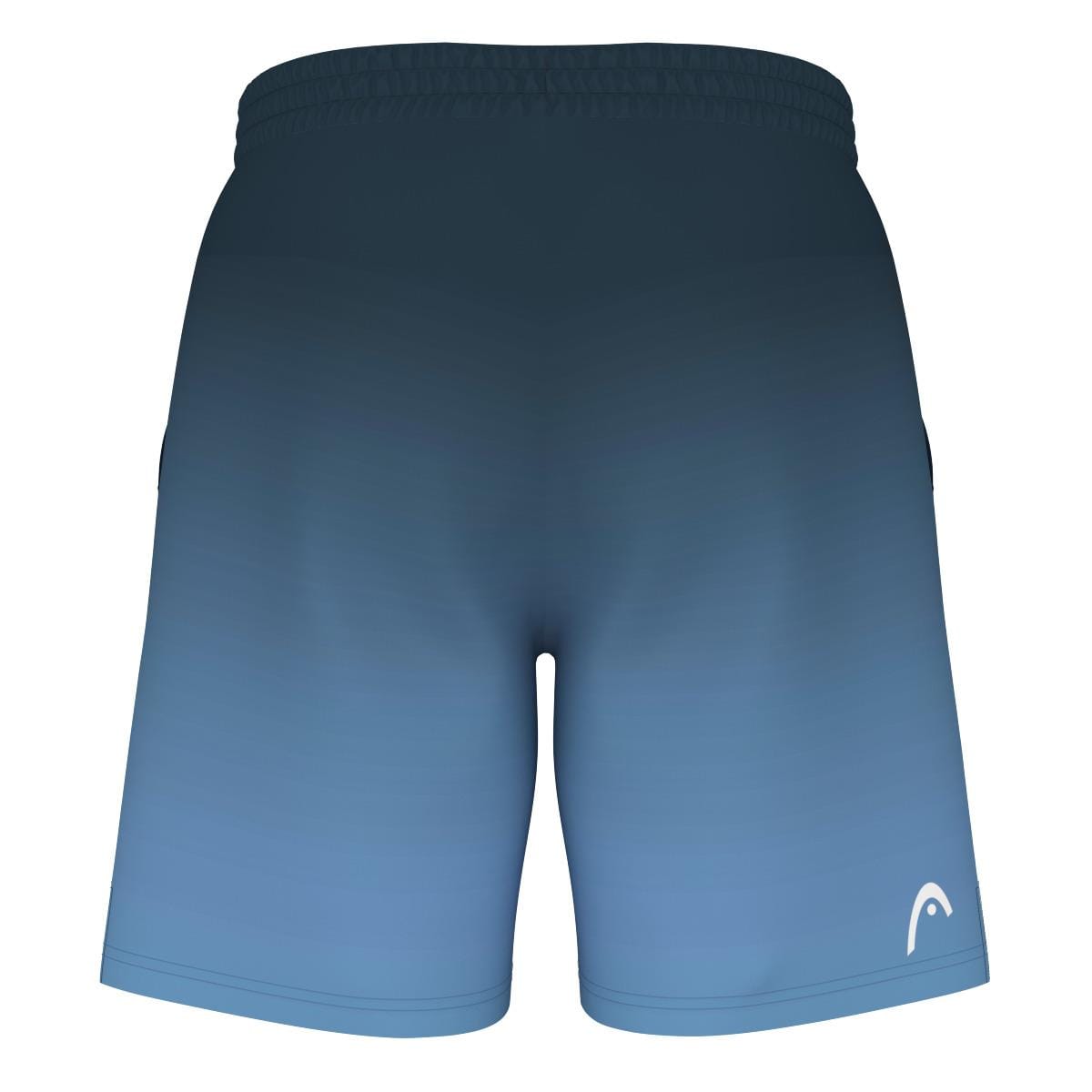 Introducing the HEAD Vision Power II Men's Tennis Shorts in a striking navy and blue gradient design. These athletic shorts feature an elastic waistband for comfort, a discreet white logo on the lower left side, and 4-way stretch material for maximum flexibility. Equipped with advanced moisture transfer technology, they ensure you stay cool and dry during intense matches.