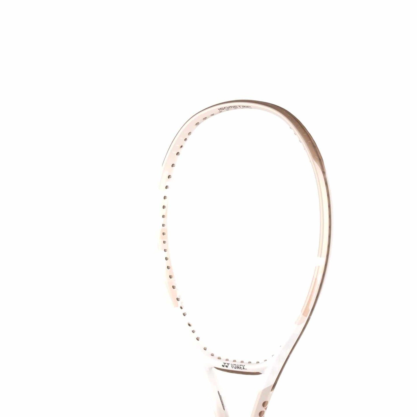 A close-up of an unstrung Yonex VCORE 98L tennis racket frame in sand beige on a white background, highlighting the brand logo and rim perforations. Features ISOMETRIC™ technology for improved performance.