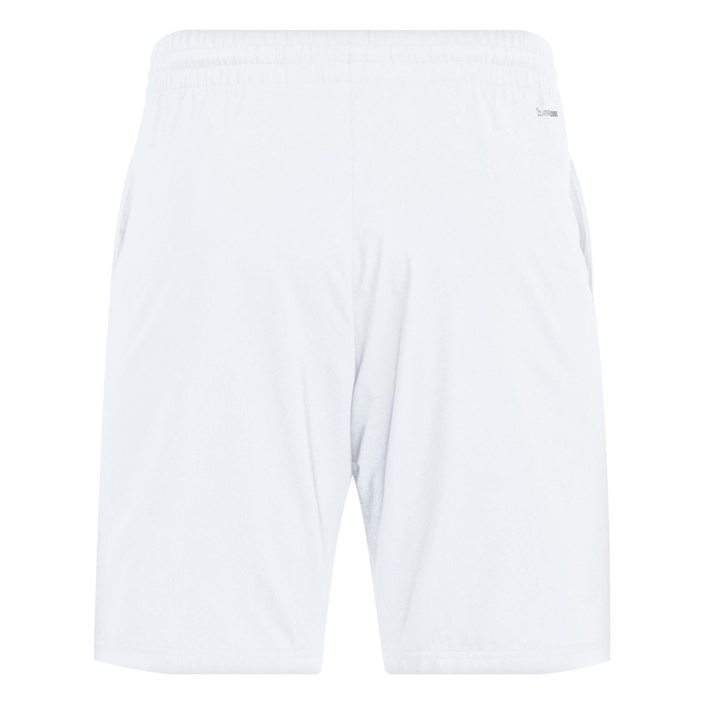 The ADIDAS Mens 3 Stripe Tennis Shorts - White feature an elastic waistband, side pockets, and are made from recycled materials. With adidas Club technology, these shorts deliver superior moisture-wicking performance for ultimate comfort. Photographed from the back.