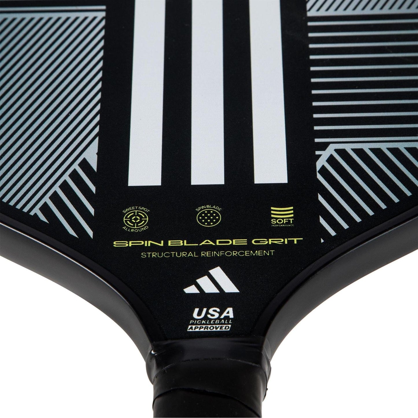 Close-up of the adidas Match 3.3 Pickleball Paddle - Black, showcasing a modern black, white, and gray design with three white stripes, Spin Blade Grit technology, product details, and a "USA Pickleball Approved" label near the handle.