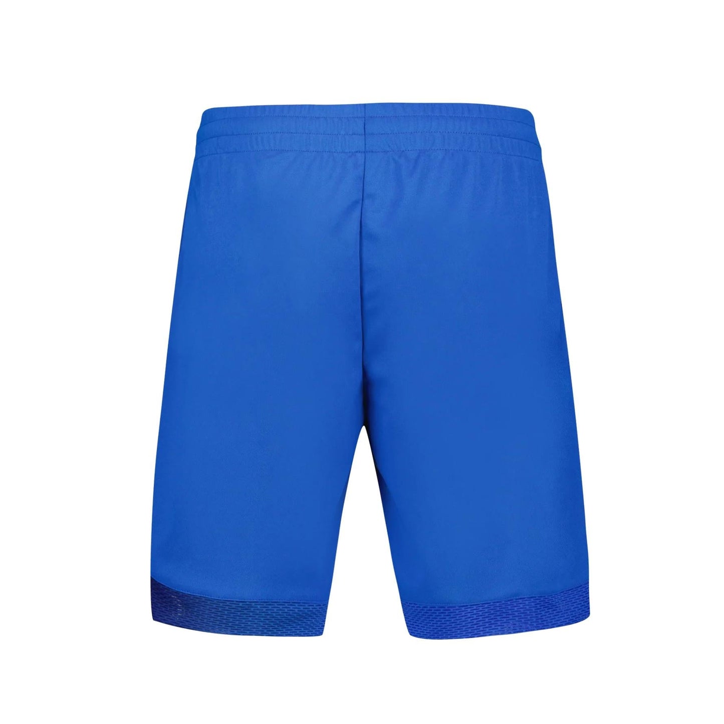 Back view of the Le Coq Sportif Pro Men's Tennis Shorts in Lapis Blue, showcasing an elastic waistband and subtle textured detail near the hem. Crafted from comfortable, lightweight fabric, these shorts by Le Coq Sportif provide a breathable feel. Shown against a white background, they are ideal for active days.