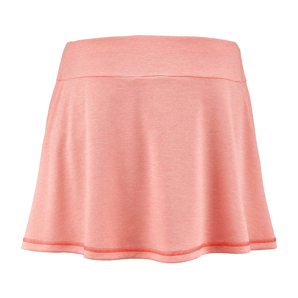 The Fluo Strike-colored, high-waisted A-line skirt resembles the Babolat Play Women's Tennis Skirt from Babolat, featuring a fitted waistband and a loose, flowing hem made from soft FIBERDRY fabric for enhanced comfort and ease of 360 MOTION.