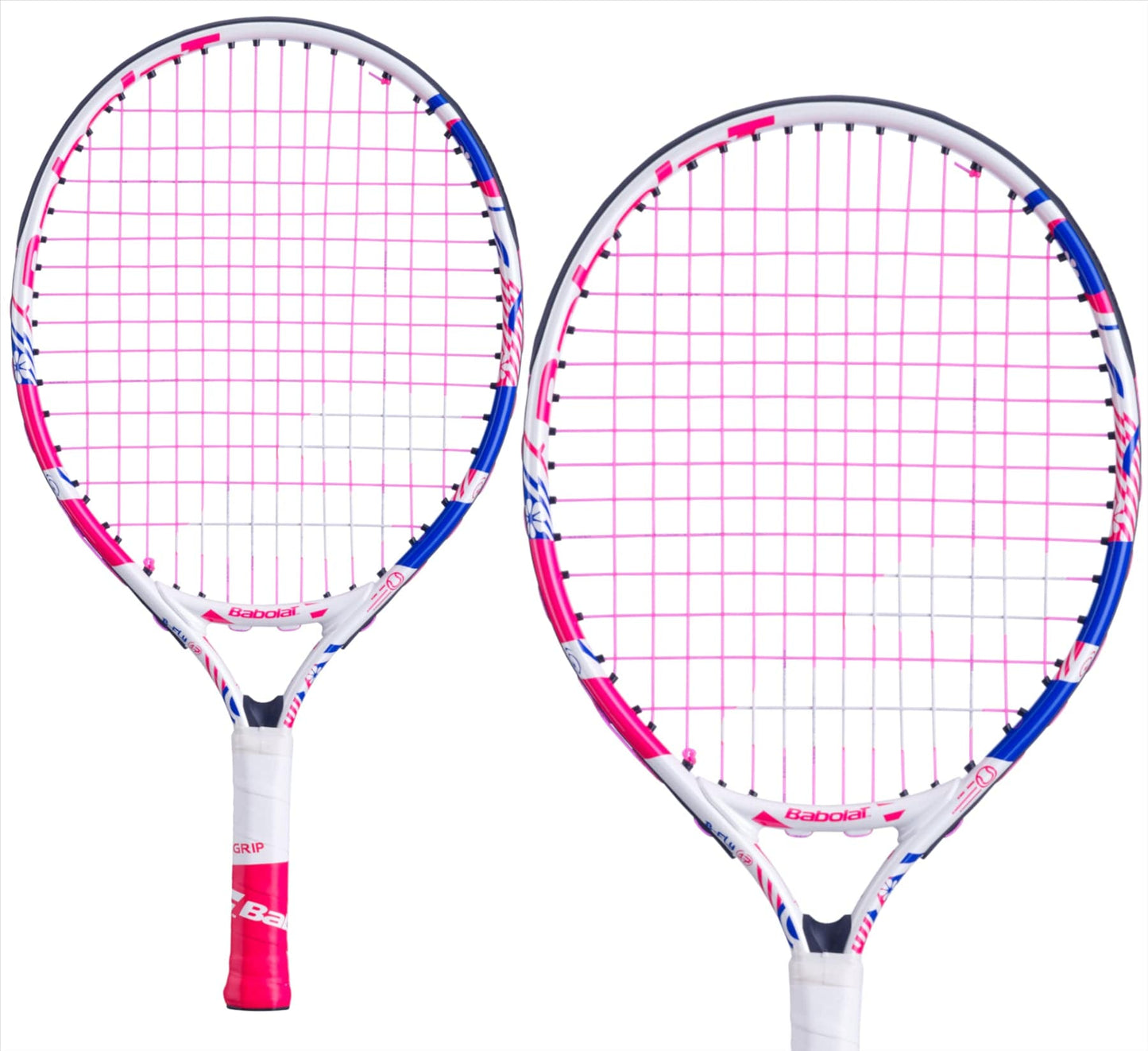 A pair of Babolat B-Fly 17 Junior Tennis Rackets, featuring white frames with pink strings and blue accents. The handles come wrapped in white and red grip tape, making them ideal as children's tennis rackets. These models are displayed side by side, highlighting the elegant design of the racket heads.