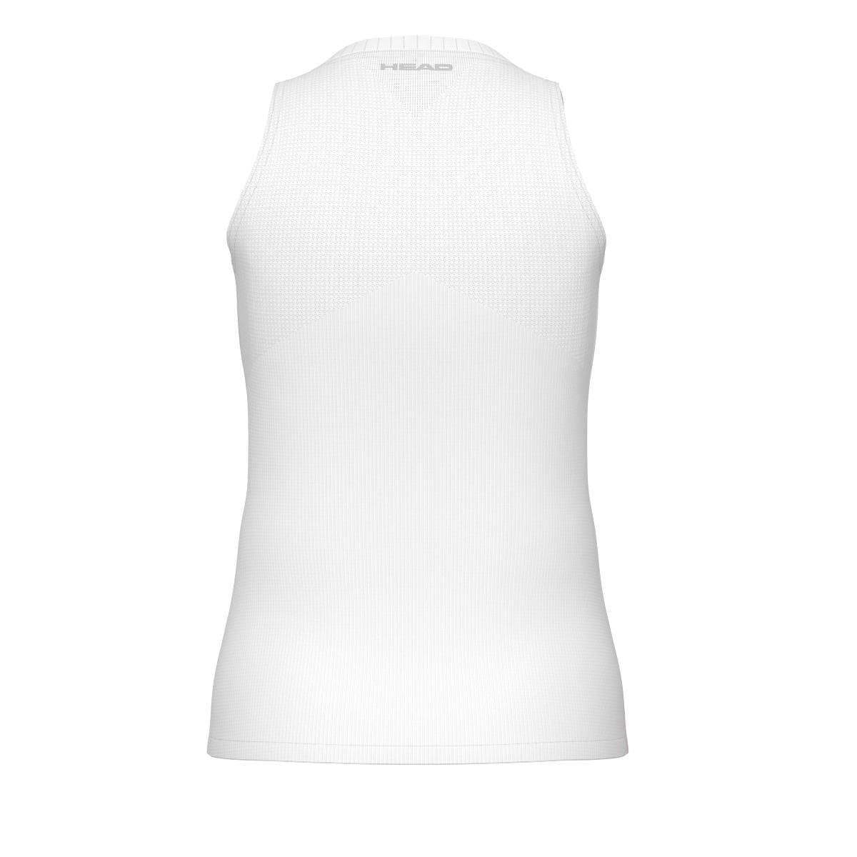 The HEAD Performance Women's Tennis Tank Top - VPXR is displayed from the back, highlighting its subtle textured design and the HEAD logo near the neckline. Designed with Body Mapping Technology, this sleeveless athletic shirt guarantees a perfect fit. It's set against a plain white background for a clean presentation.