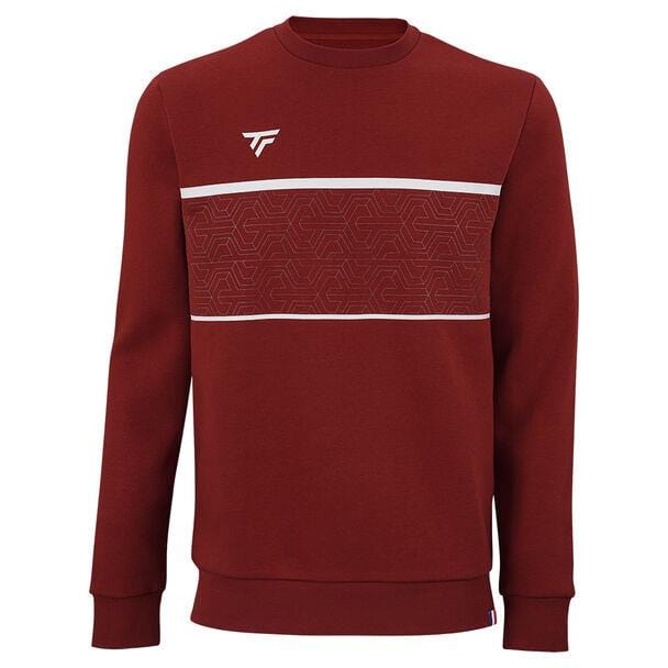 Introducing the Tecnifibre Mens Team Tennis Sweater in Cardinal, this maroon top is crafted from soft cotton fleece and showcases a striking white geometric pattern across the chest, accented by two thin stripes. Complete with long sleeves and a small logo near the left shoulder, this sweater combines comfort with a high-performance look, making it perfect for any casual outing.