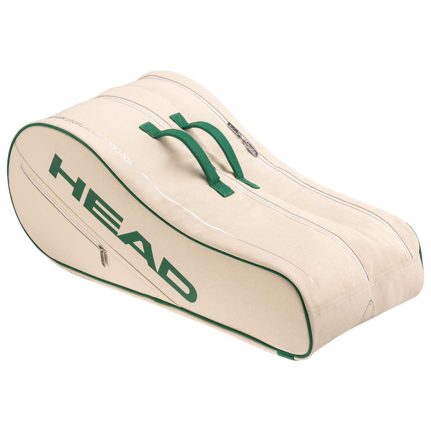 The HEAD Arthur Ashe Tennis Racket Bag L in white/green features green accents, bold "HEAD" lettering, dual handles, multiple zippered compartments, and advanced CCT+ climate control for optimal gear protection.