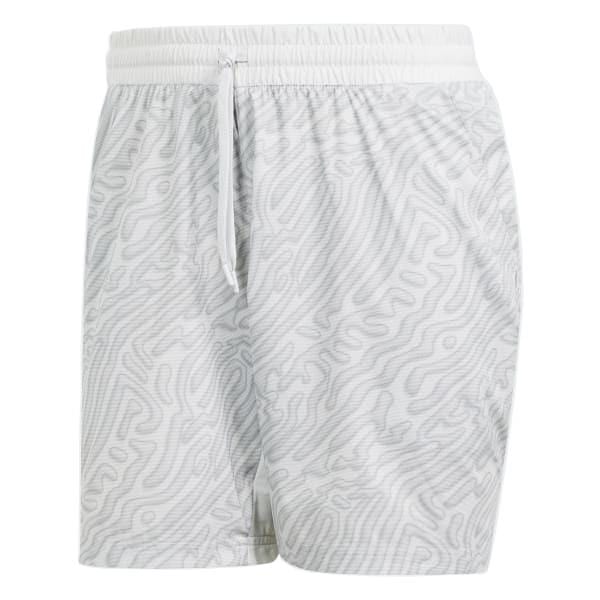 Introducing the ADIDAS Melbourne Men's Pro 7 Inch Tennis Shorts in grey, crafted with recycled polyester and featuring an abstract wavy pattern. These shorts offer a relaxed fit with an adjustable drawstring waistband and utilize innovative HEAT.RDY technology to ensure you stay cool on and off the court.
