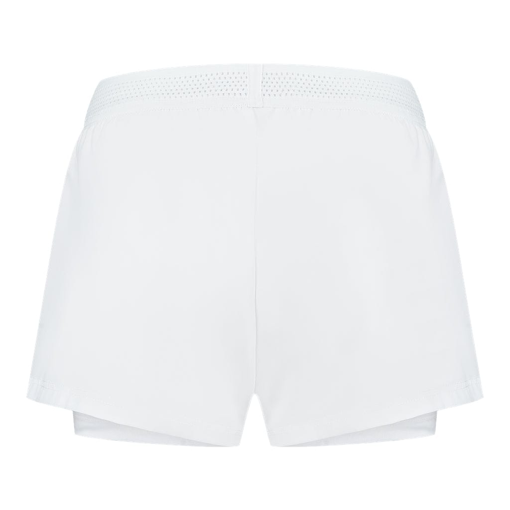 Back view of the K-Swiss Tac Hypercourt Tennis Short 5 in white, showcasing a perforated waistband and 4-Way Density Stretch for enhanced flexibility.