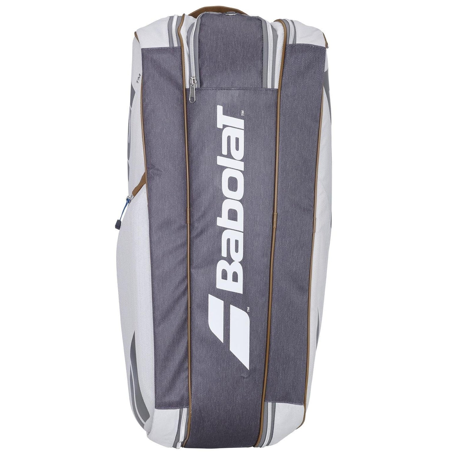 The Babolat RH6 Pure Wimbledon 6 Racket Tennis Bag in grey, ideal for the Wimbledon setting, features a sleek design with multiple compartments. It is primarily dark gray with white and brown accents, highlighted by a prominent white Babolat logo on the front.