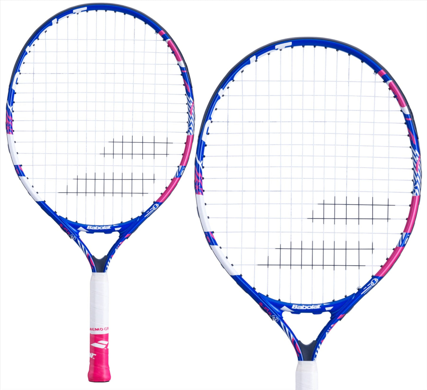 Two Babolat B-Fly 21 Junior Tennis Rackets in purple and pink, with white strings and grips, are skillfully arranged against a white background. The rackets are positioned to create an attractive visual arrangement.