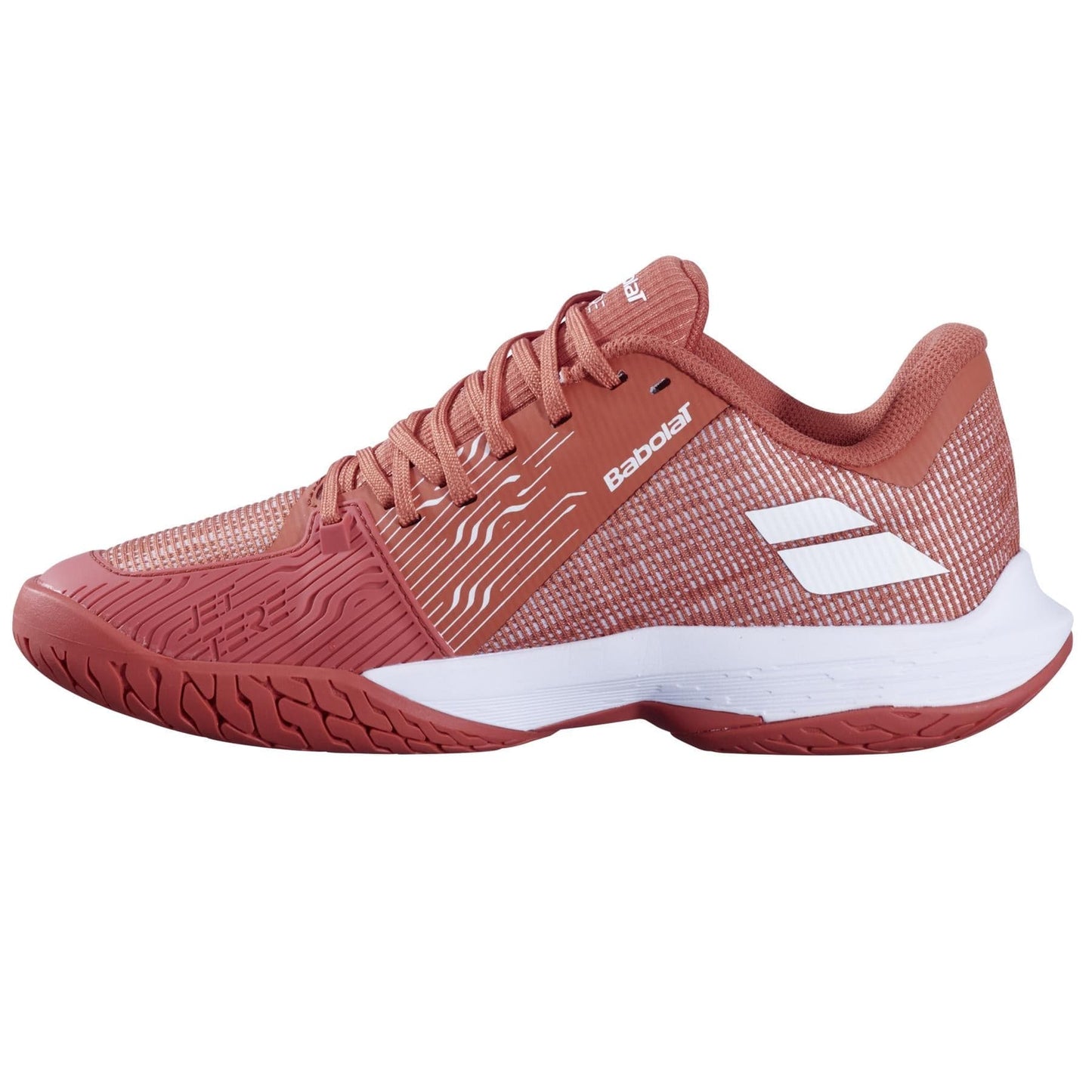 The Babolat Jet Tere 2 Women's Tennis Shoes in terra cotta feature breathable mesh, white accents, and a textured rubber sole, offering ultra-lightweight comfort and stability for tennis.