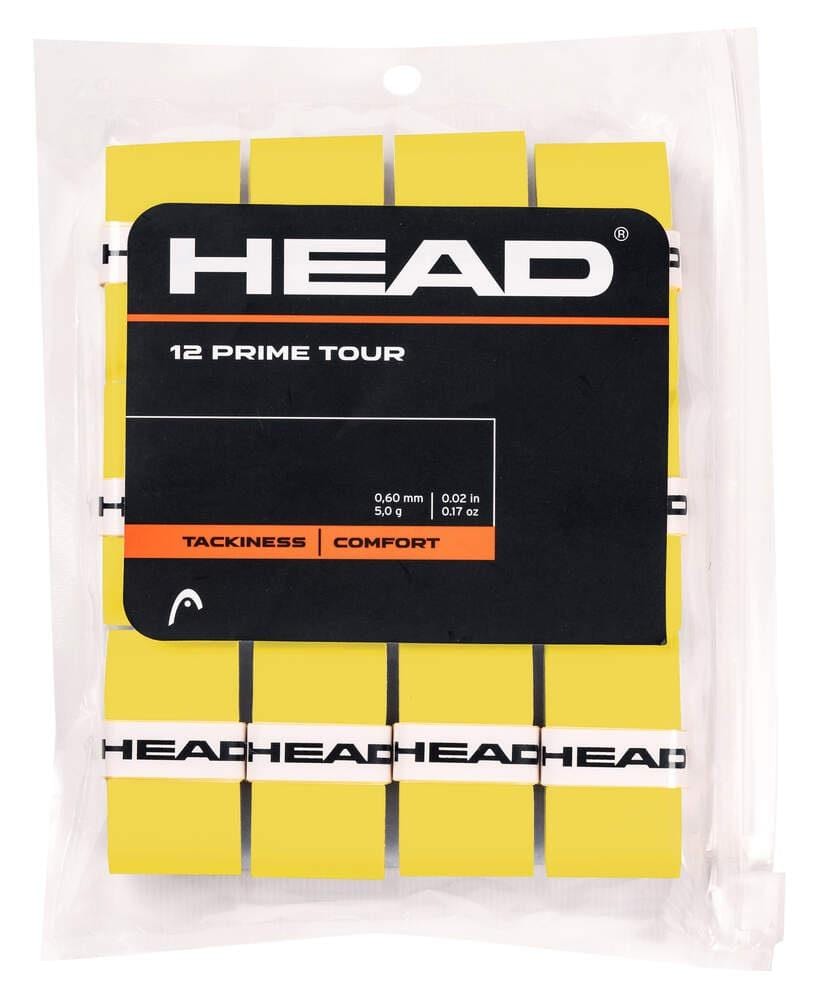 The HEAD Prime Tour Tennis Overgrip (12 Pack) in yellow offers a tacky texture for improved feel. Each overgrip is 0.60 mm thick and weighs 5 g, arranged in two neat rows. The packaging emphasizes comfort.