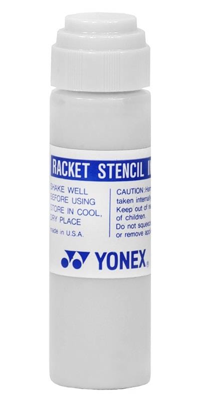The Yonex Stencil Ink - White bottle, designed for tennis racket strings, comes with a blue label that includes instructions to shake well and store in a cool, dry place. Made in the USA by Yonex, it features a convenient sponge applicator for easy use.