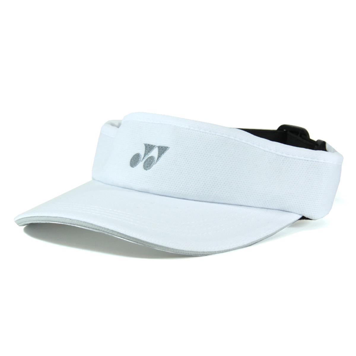 The Yonex W441 Visor - White is a stylish sports accessory from Yonex, featuring a subtle gray logo on the front band. It's designed to shield eyes and absorb sweat, and it includes an adjustable black strap at the back for a perfect fit.