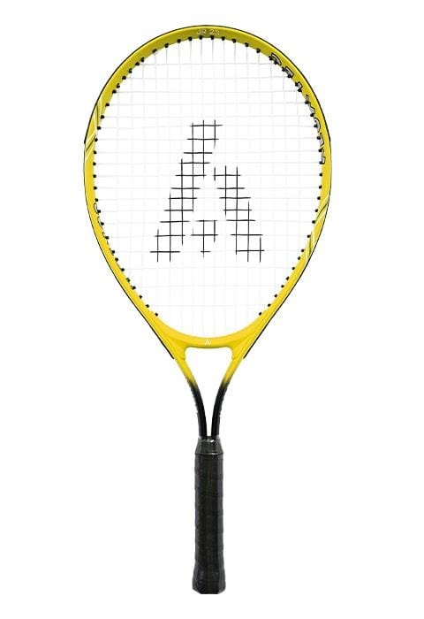The Ashaway 21 Junior Tennis Racket in yellow features a black grip and strings that create a geometric logo pattern at the center of the head. Its slender frame is crafted from durable aluminum with a glossy finish, making it perfect for beginners looking to hone their skills.