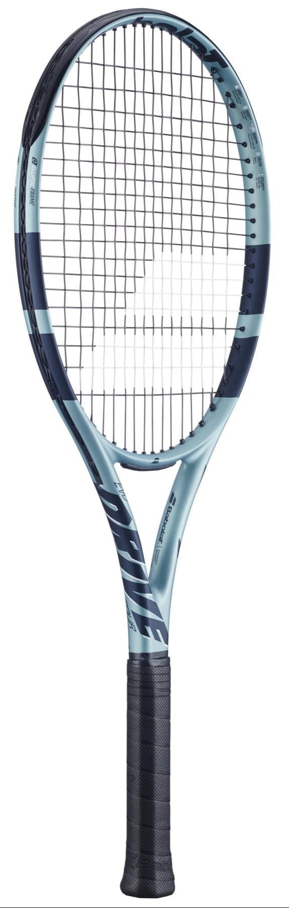 The Babolat EVO Drive Tour Gen 2 Tennis Racket in striking blue and black features a braided string pattern and an Air Handle Touch grip for optimal performance, complete with light and dark blue accents.