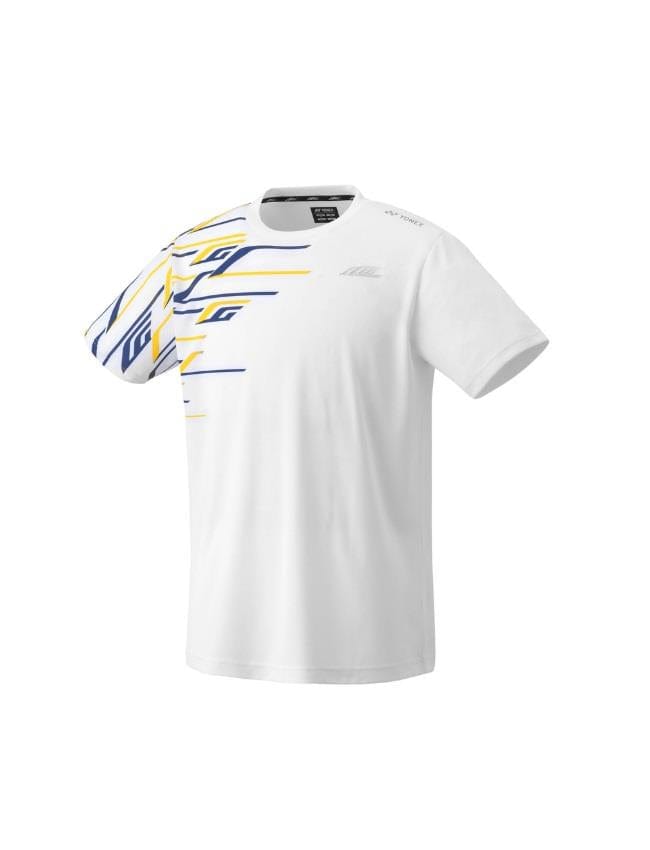 Introducing the Yonex 16737EX Lee Chong Wei LCW T-Shirt in white, this stylish piece features abstract blue and yellow streak patterns on the upper left side. It boasts a plain design on the right side and incorporates UV Reduction technology for added protection. Additionally, it includes discreet text detailing on the front chest and shoulder, all part of Yonex's LCW series inspired by Lee Chong Wei.