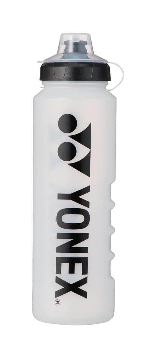 Presenting the Yonex AC590 Sports Bottle - Black, ideal for tennis enthusiasts. This elegant bottle, featuring the brand name "YONEX" in bold black letters on a white background and equipped with a secure black lid, guarantees optimal hydration both on and off the court.