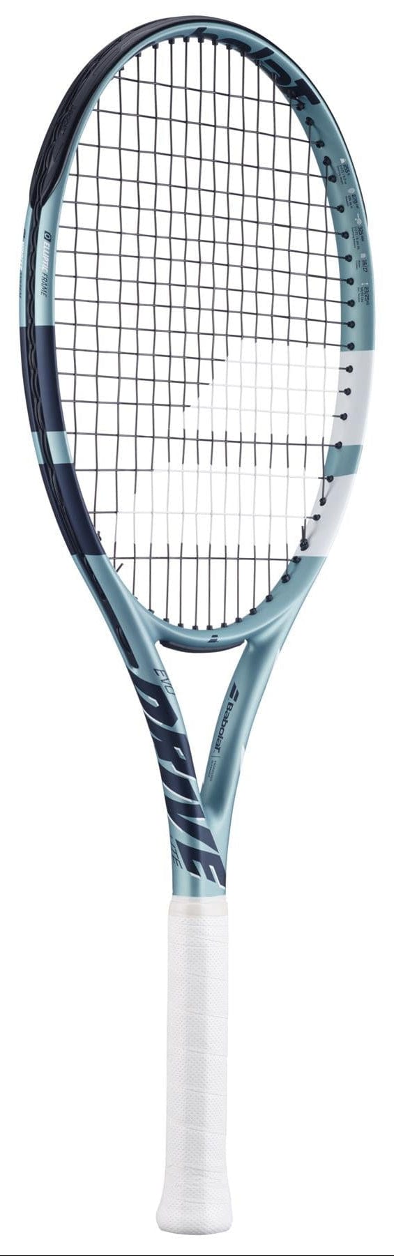 The Babolat EVO Drive Lite Gen 2 Tennis Racket features a blue and white frame with curved stripes, a black string pattern, and a white grip. It includes an Air Handle Touch for comfort and distinctive branding on the frame.