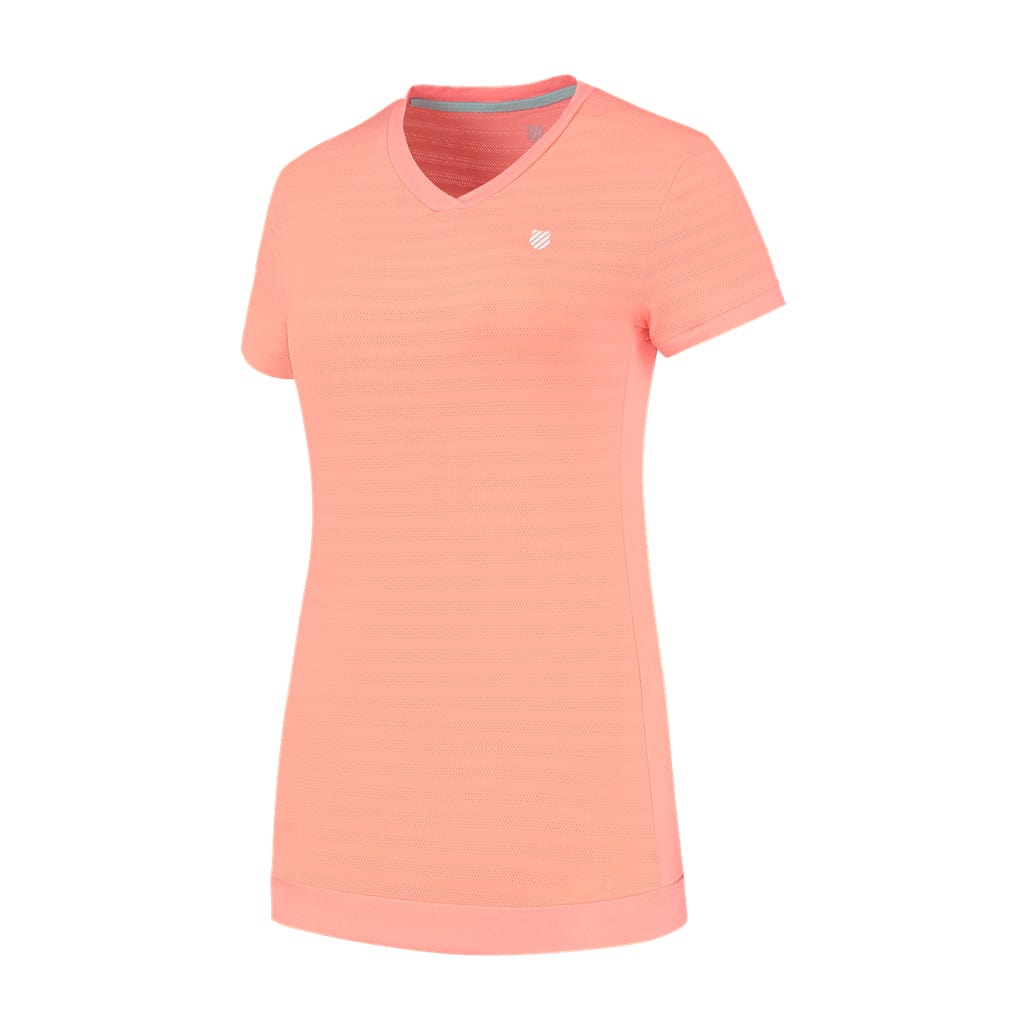 From the K-Swiss Tac Hypercourt collection, the Desert Flower short-sleeved athletic top offers a V-neck design. Its subtle stripe pattern and small white logo on the left chest make it an excellent choice for active women who value both style and performance.