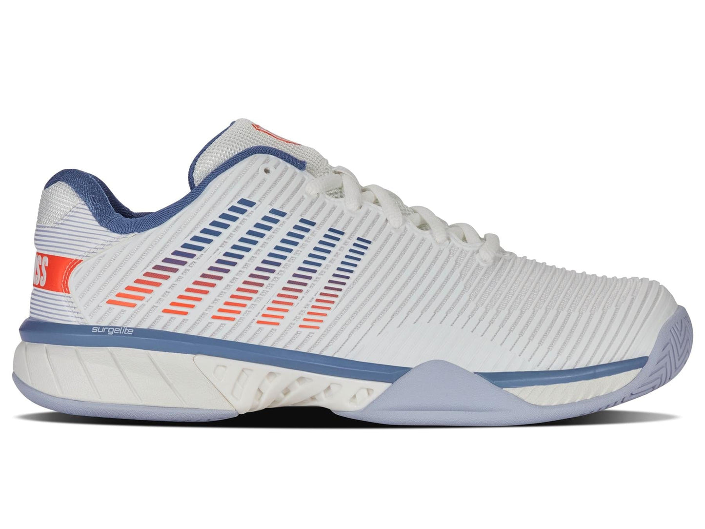 The K-Swiss Hypercourt Express 2 Men's Tennis Shoes feature a lightweight white design with a blue and red gradient, breathable mesh texture, and a blue sole with "surgeLite" text. Stylish blue accents on the heel and tongue make them ideal for sports or casual outings.