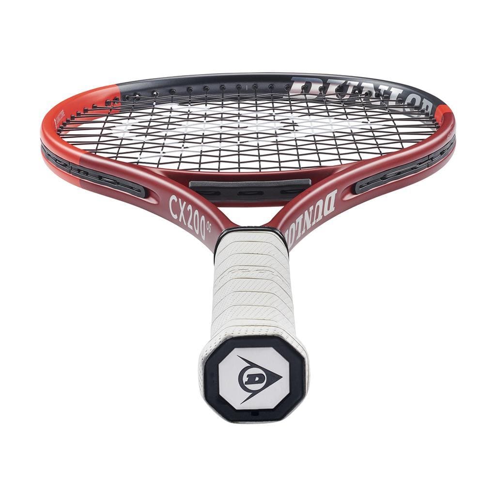 The Dunlop CX 200 OS 2024 Tennis Racket - Red, designed for intermediate players, features a striking red and black frame complemented by a white grip. The strings are arranged in an eye-catching cross pattern, and the logo adorns the end of the grip. The model "CX200" is prominently displayed on the side.