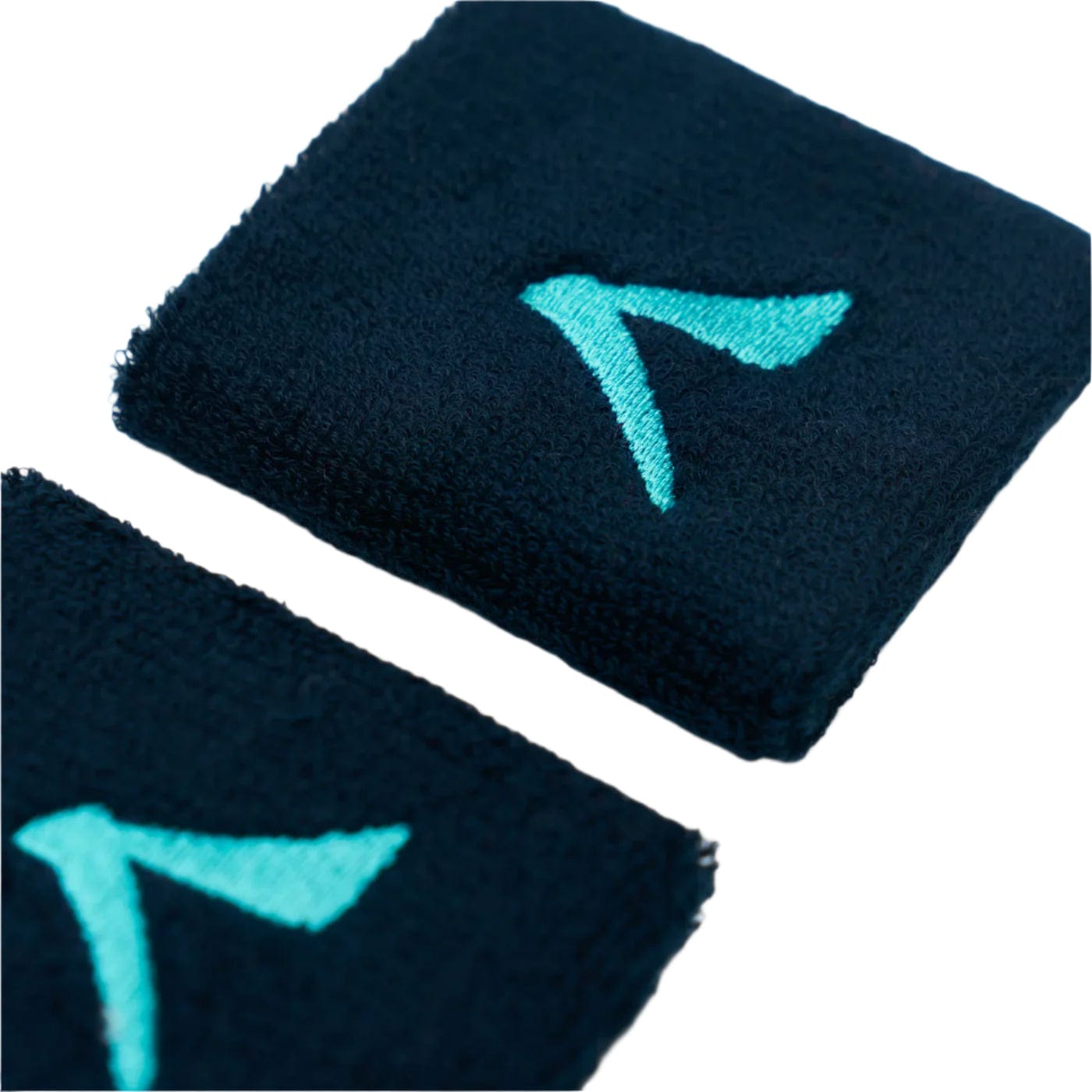 Close-up of two Kanso 7cm Wristbands in navy, showcasing a turquoise stylized "V" or bird logo. Made from soft, absorbent fabric, these wristbands by Kanso ensure maximum comfort with their textured design.