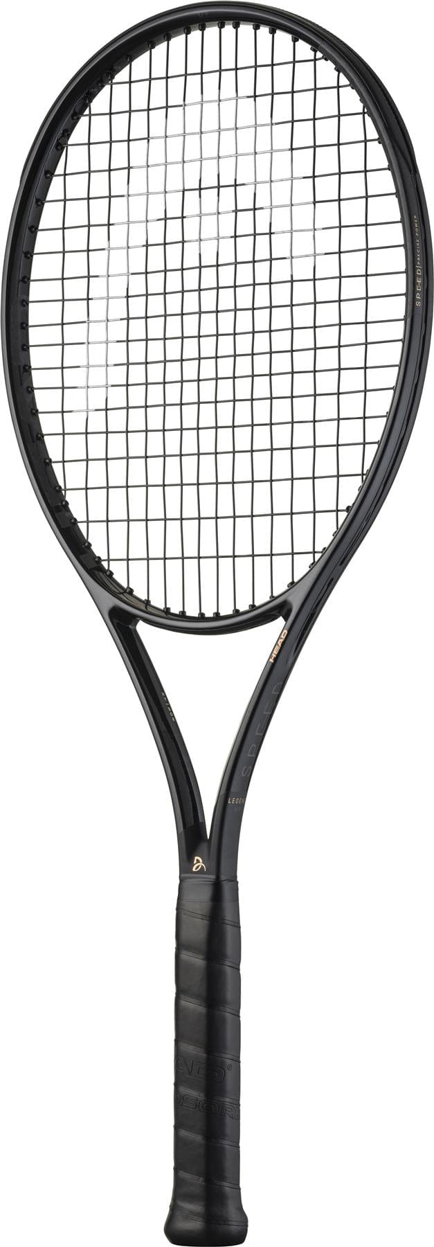 The HEAD Speed MP Legend 2025 Tennis Racket by HEAD, in sleek black and gold with a black grip and oval head like Novak Djokovic’s, is shown on a white background.