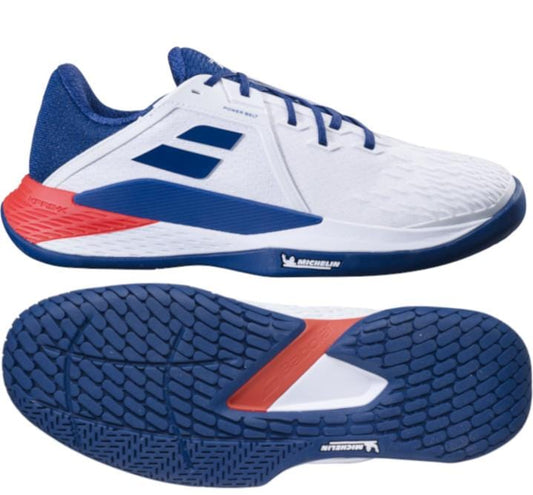 The Babolat Propulse Fury 3 2024 Men's Tennis Shoes in White and Estate Blue feature a stylish white upper with blue accents on the heel and tongue, enhanced by red detailing near the sole. Engineered for performance, they provide excellent shock absorption, with a durable blue outsole featuring MICHELIN branding.