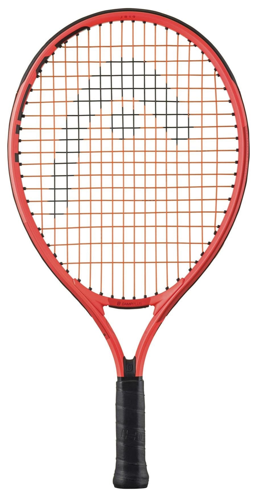 The HEAD Radical Junior 19 2025 Tennis Racket, in a vivid orange, features a sleek design with grid-patterned strings and a black grip tape-wrapped handle. Ideal for young players, its rounded loop offers both style and performance.