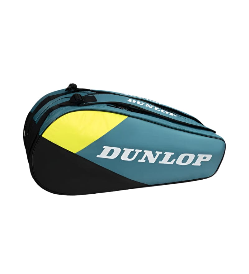 The Dunlop SX Club 10 Racket Tennis Bag in teal, black, and yellow features padded backpack straps for easy carrying, a zippered compartment for racquets and accessories, and the Dunlop logo prominently on the side.