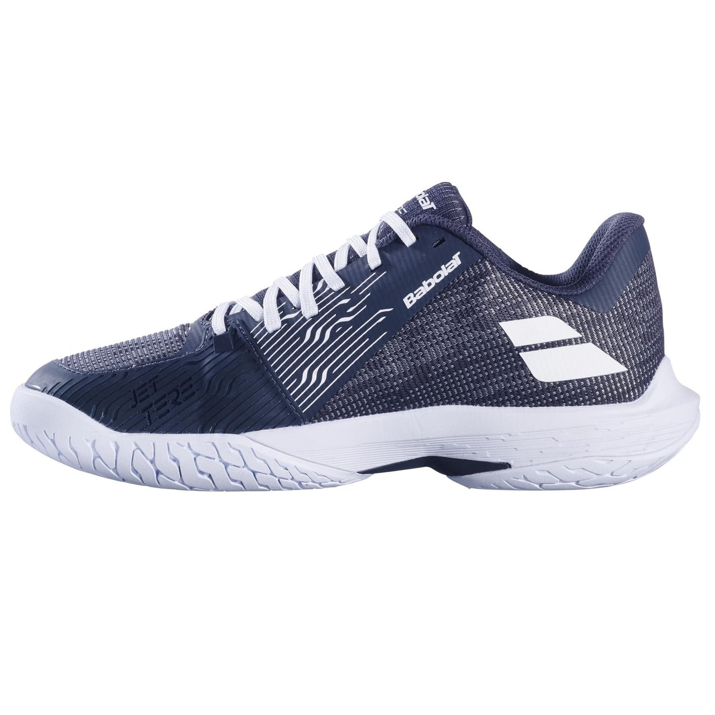 The Babolat Jet Tere 2 2024 Women's Tennis Shoes in Queen Jio Grey are ultra-lightweight, featuring a textured side pattern and a sturdy sole with traction grooves, offering exceptional comfort and stability.
