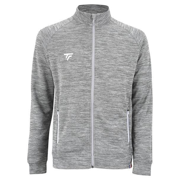 The Tecnifibre Men's Team Tennis Jacket - Silver is a lightweight and breathable design featuring long sleeves and a high collar. Made from stretchy polyester double mesh fabric for a textured look, it includes white zippered pockets on both sides and sports a subtle logo on the left chest.